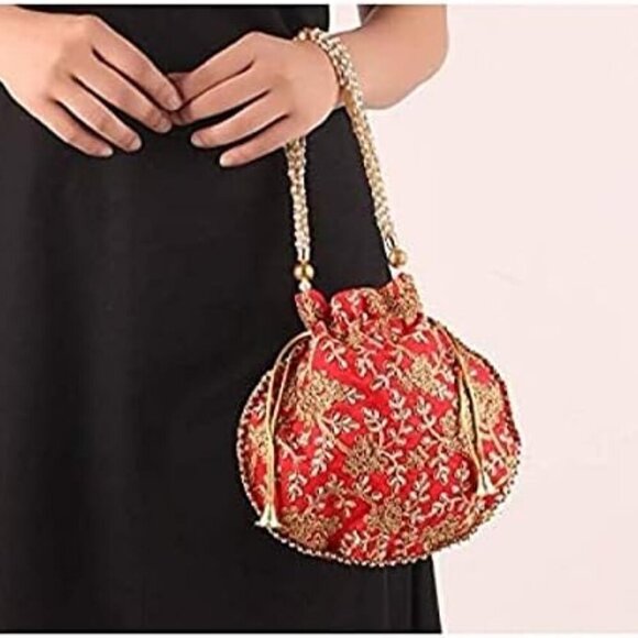 Potli Bag For Women Ethnic Designer Embroidery Work Batwa Pearls Handle With Int - Picture 6 of 8